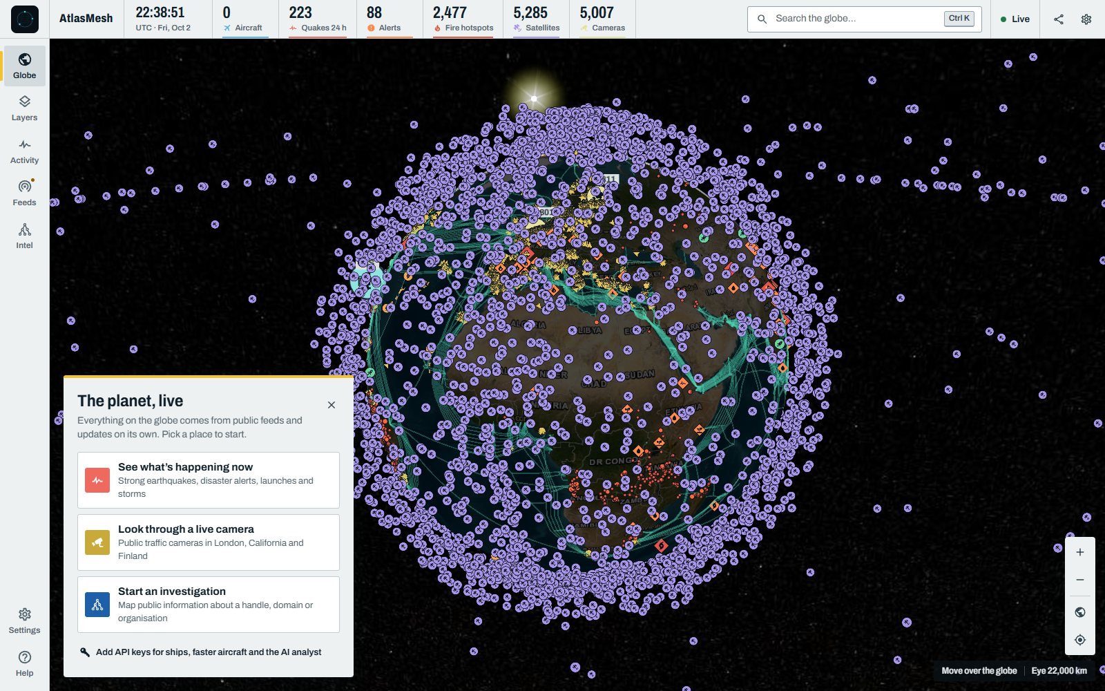 The live globe: aircraft, quakes, alerts, fire hotspots, satellites and cameras.