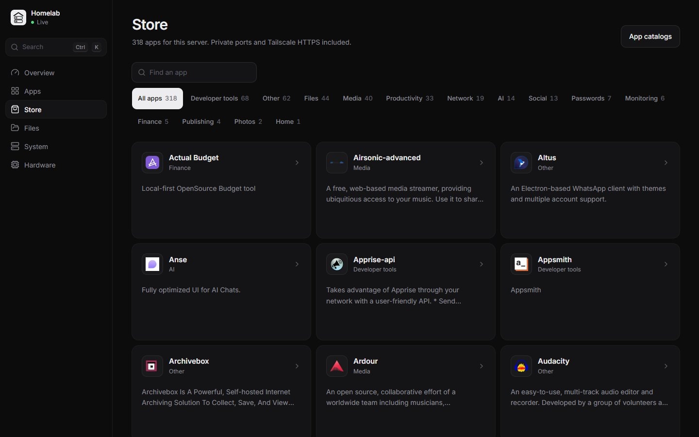 App store with 300+ apps from the built-in and community catalogs.