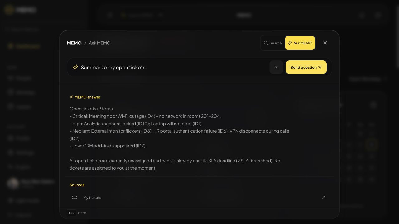 Ask MEMO: a streamed answer grounded in the user’s own tickets, with sources.