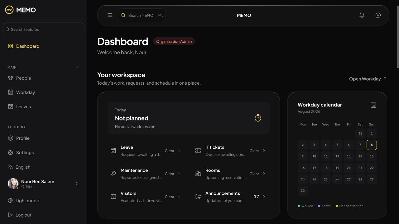 Tenant dashboard: the day’s workday, requests and schedule in one place.