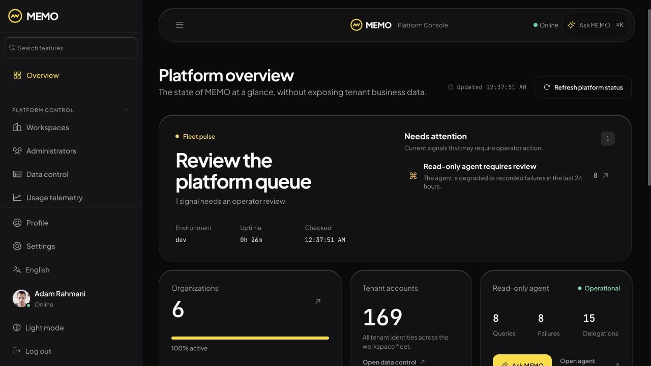 Separate platform console for operators, without tenant business data.